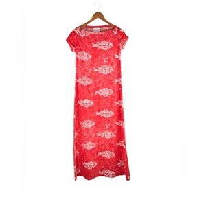 Vintage Nalii Honolulu Red Fish Print Cotton Blend Maxi Dress Size 9/10, Small